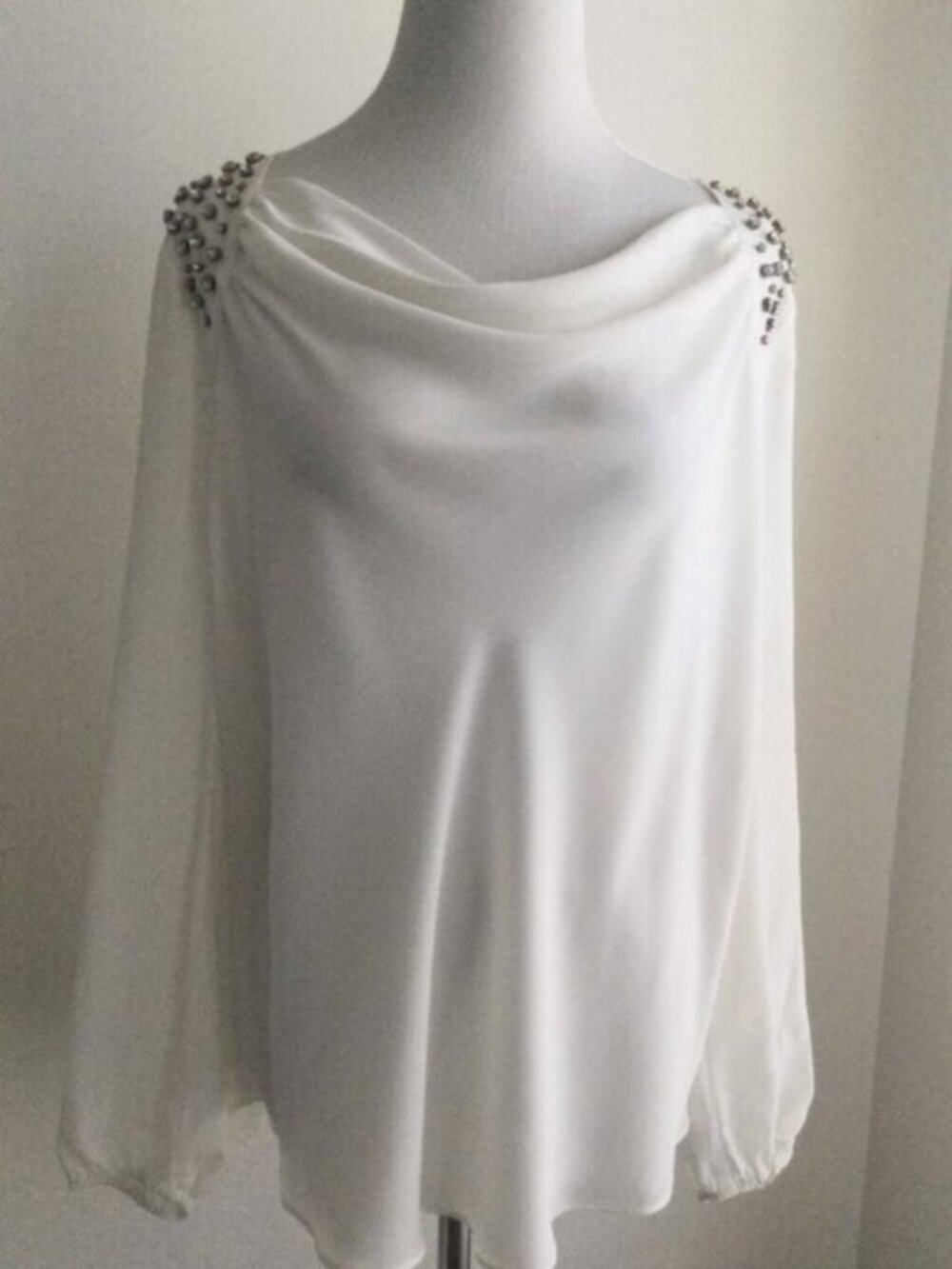 Jennifer Lopez XS Ivory Chiffon Draped Blouse Rhinestone Shoulders